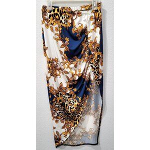 Mistyrose White & Blue Leopard Floral Print Skirt with Ruched Front Size S